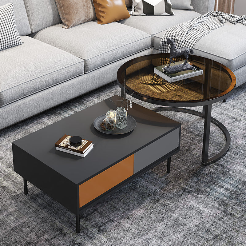 Modern 4 Legs Cocktail Table with 4 Drawers Glass & Wood 2 Nesting Coffee Table Set 31"L x 22"W x 14"H+28"L x 28"W x 18"H Dark Grey Light Grey Clearhalo 'Coffee & Accent Tables' 'Coffee Tables' 'coffee_tables' 'furn' 'furn_coffee_tables' 'Furniture' 'Living Room Furniture' 6998374
