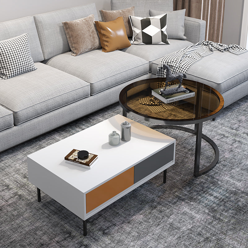Modern 4 Legs Cocktail Table with 4 Drawers Glass & Wood 2 Nesting Coffee Table Set 31"L x 22"W x 14"H+28"L x 28"W x 18"H White Clearhalo 'Coffee & Accent Tables' 'Coffee Tables' 'coffee_tables' 'furn' 'furn_coffee_tables' 'Furniture' 'Living Room Furniture' 6998376