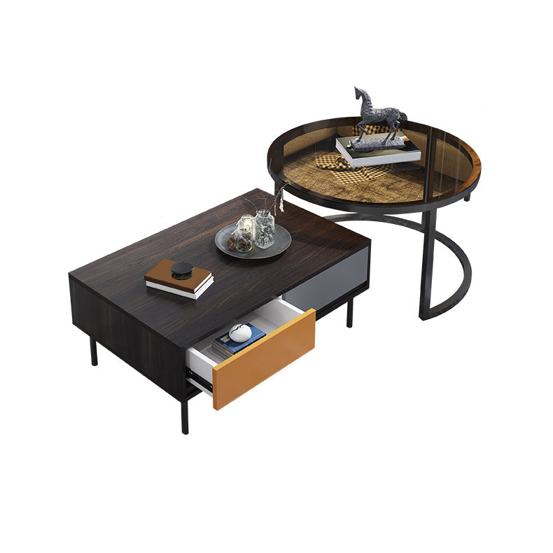 Modern 4 Legs Cocktail Table with 4 Drawers Glass & Wood 2 Nesting Coffee Table Set Clearhalo 'Coffee & Accent Tables' 'Coffee Tables' 'coffee_tables' 'furn' 'furn_coffee_tables' 'Furniture' 'Living Room Furniture' 6998377