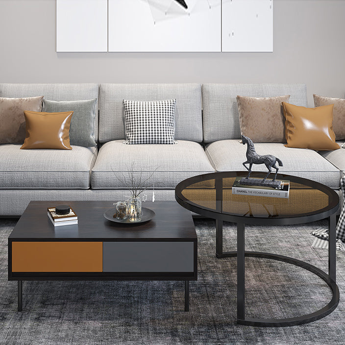 Modern 4 Legs Cocktail Table with 4 Drawers Glass & Wood 2 Nesting Coffee Table Set Clearhalo 'Coffee & Accent Tables' 'Coffee Tables' 'coffee_tables' 'furn' 'furn_coffee_tables' 'Furniture' 'Living Room Furniture' 6998381