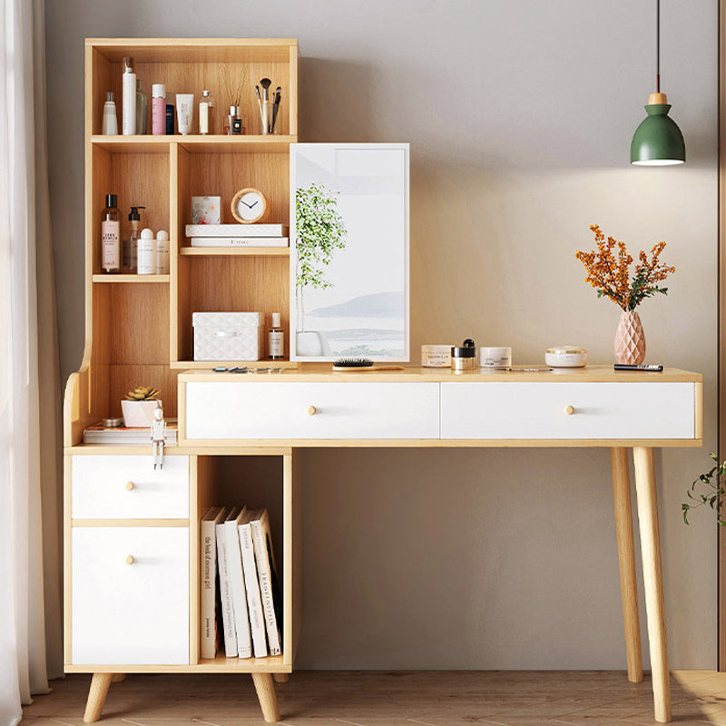 Scandinavian Wood Dressing Table Solid Wood Make-up Vanity with Drawers Makeup Vanity & Mirror Natural Clearhalo 'Bedroom Furniture' 'furn' 'furn_makeup_vanities' 'Furniture' 'Makeup Vanities' 'makeup_vanities' 7004717