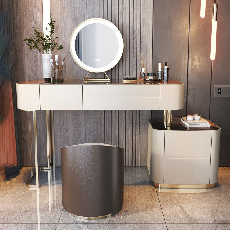 Glam Glass Vanity Desk Bedroom Vanity Dressing Table with Drawer Makeup Vanity & Mirror & Stools Clearhalo 'Bedroom Furniture' 'furn' 'furn_makeup_vanities' 'Furniture' 'Makeup Vanities' 'makeup_vanities' 7004724