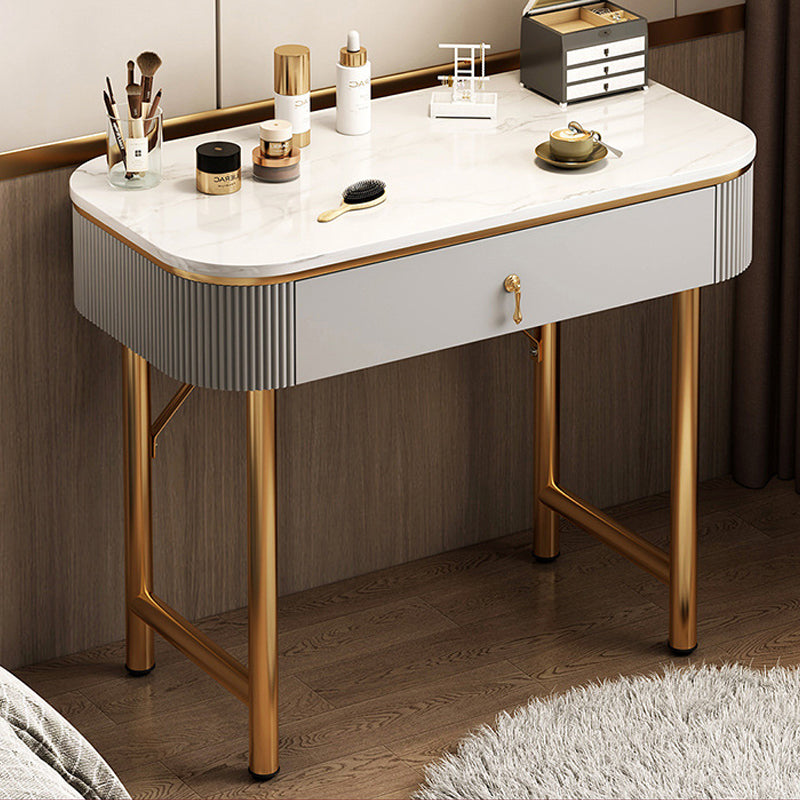 Mid-Century Modern Bedroom Metallic Lighted Mirror With Drawer Makeup Vanity Set