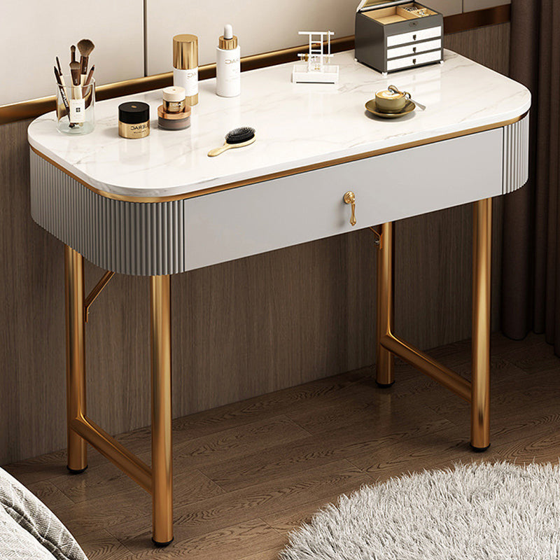 Mid-Century Modern Bedroom Metallic Lighted Mirror With Drawer Makeup Vanity Set