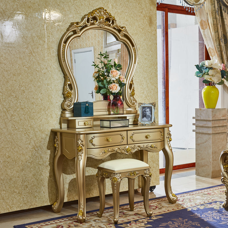 Victorian Wooden Vanity Dressing Table Gold 2-Drawer Make-up Vanity Makeup Vanity & Mirror & Stools Clearhalo 'Bedroom Furniture' 'furn' 'furn_makeup_vanities' 'Furniture' 'Makeup Vanities' 'makeup_vanities' 7005078