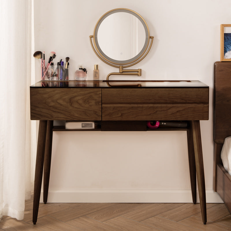 Wood and Glass Makeup Vanity Set With Mirror Standing Vanity Table Makeup Vanity & Mirror 39.4"L x 15.7"W x 48.8"H Walnut Clearhalo 'Bedroom Furniture' 'furn' 'furn_makeup_vanities' 'Furniture' 'Makeup Vanities' 'makeup_vanities' 7005336