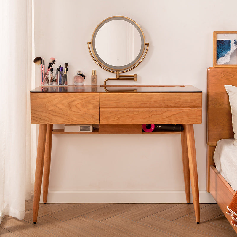 Wood and Glass Makeup Vanity Set With Mirror Standing Vanity Table Makeup Vanity & Mirror 31"L x 16"W x 49"H Natural Clearhalo 'Bedroom Furniture' 'furn' 'furn_makeup_vanities' 'Furniture' 'Makeup Vanities' 'makeup_vanities' 7005345