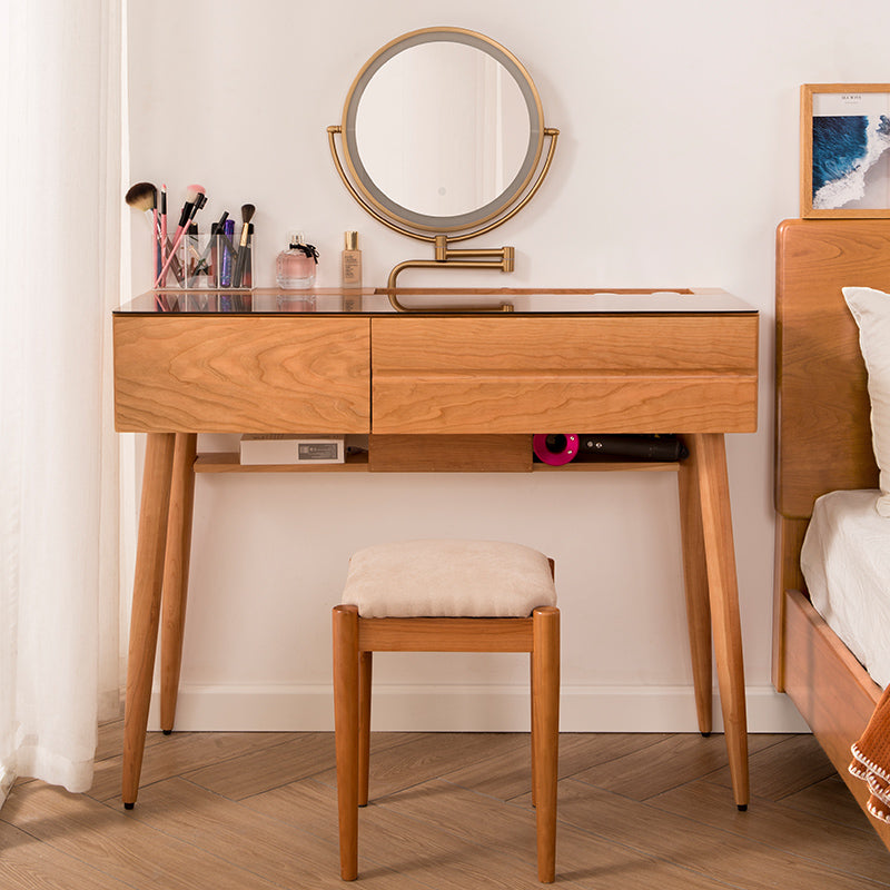 Wood and Glass Makeup Vanity Set With Mirror Standing Vanity Table Makeup Vanity & Mirror & Stools 31"L x 16"W x 49"H Natural Clearhalo 'Bedroom Furniture' 'furn' 'furn_makeup_vanities' 'Furniture' 'Makeup Vanities' 'makeup_vanities' 7005346