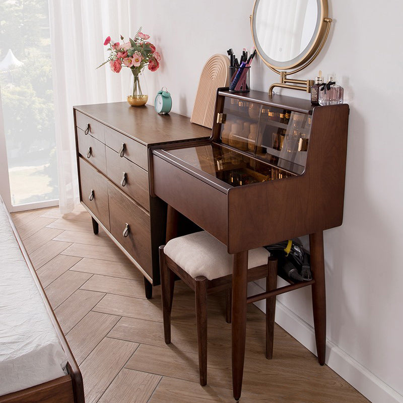 Modern Vanity Table and Stool Set Wooden and Glass With Drawer Vanity Desk Clearhalo 'Bedroom Furniture' 'furn' 'furn_makeup_vanities' 'Furniture' 'Makeup Vanities' 'makeup_vanities' 7005563