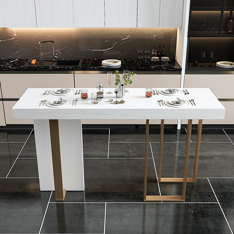 Glam Style Bar Table Rectangle Faux Marble Bar Dining Table with Double Pedestal