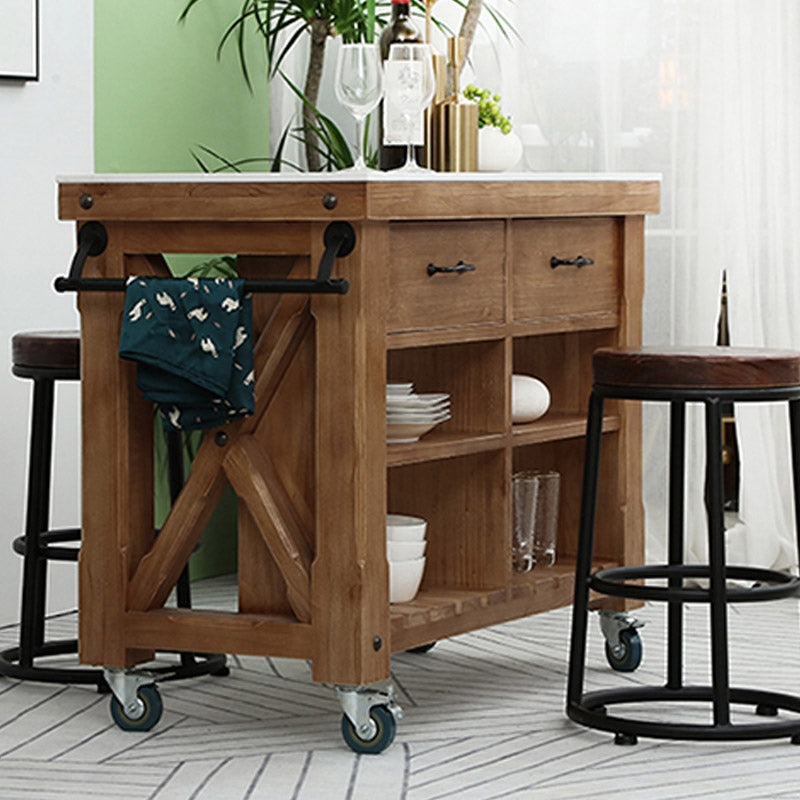 タオルラック付きモダンキッチンアイランドテーブルパインウッド準備テーブル