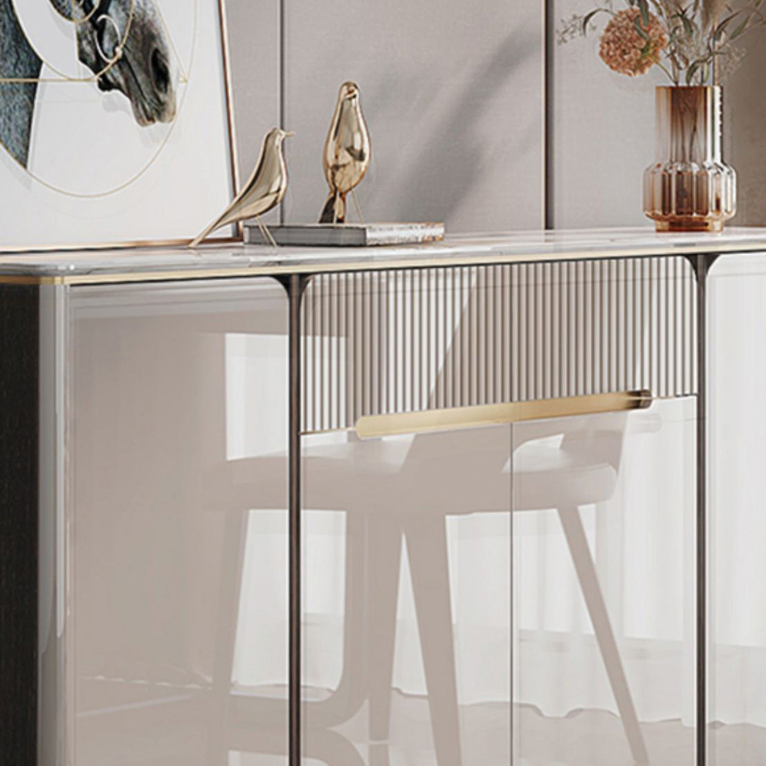 Scheda laterale moderna per scaffalature regolabili in pietra di calcolo con cassetti e armadi