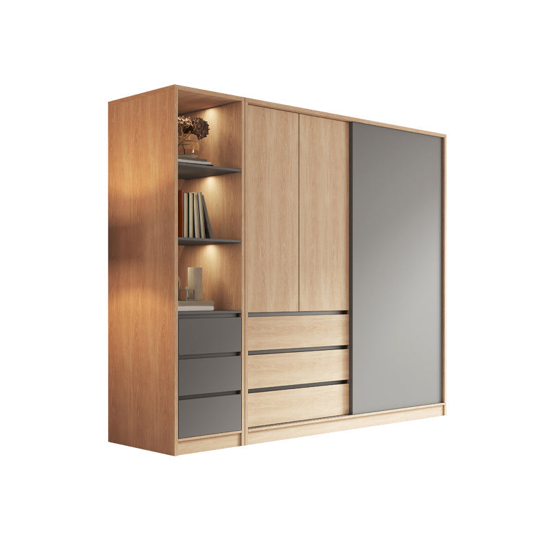 Bedroom Sliding Door Storage Cabinet Light Wood Finish Modern Cabinet with Drawers Armoire with Side Cabinet Clearhalo 'Armoires & Wardrobes' 'armoires_wardrobes' 'Bedroom Furniture' 'furn' 'furn_armoires_wardrobes' 'Furniture' 7017292