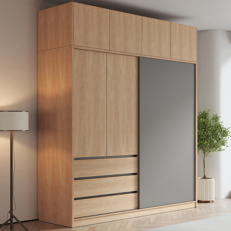 Bedroom Sliding Door Storage Cabinet Light Wood Finish Modern Cabinet with Drawers Clearhalo 'Armoires & Wardrobes' 'armoires_wardrobes' 'Bedroom Furniture' 'furn' 'furn_armoires_wardrobes' 'Furniture' 7017293