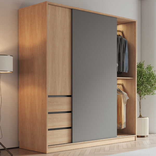 Bedroom Sliding Door Storage Cabinet Light Wood Finish Modern Cabinet with Drawers Clearhalo 'Armoires & Wardrobes' 'armoires_wardrobes' 'Bedroom Furniture' 'furn' 'furn_armoires_wardrobes' 'Furniture' 7017302
