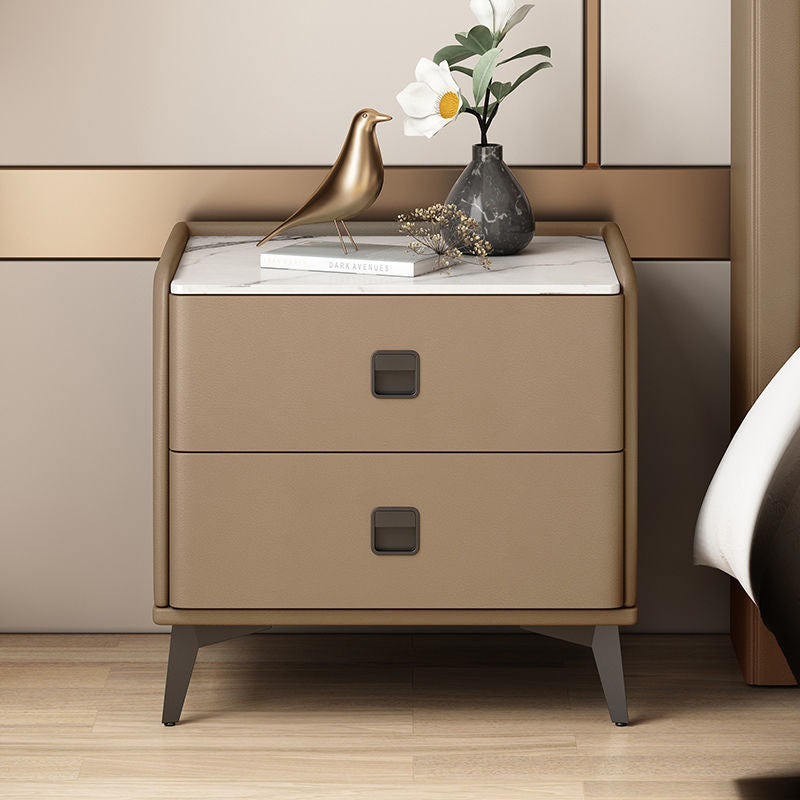 Contemporary Accent Table Nightstand Stone Night Table with 2 Drawers 14"L x 16"W x 18.5"H Khaki 1 Piece Clearhalo 'Bedroom Furniture' 'furn' 'furn_night_stand' 'Furniture' 'night_stand' 'Nightstands' 7018175