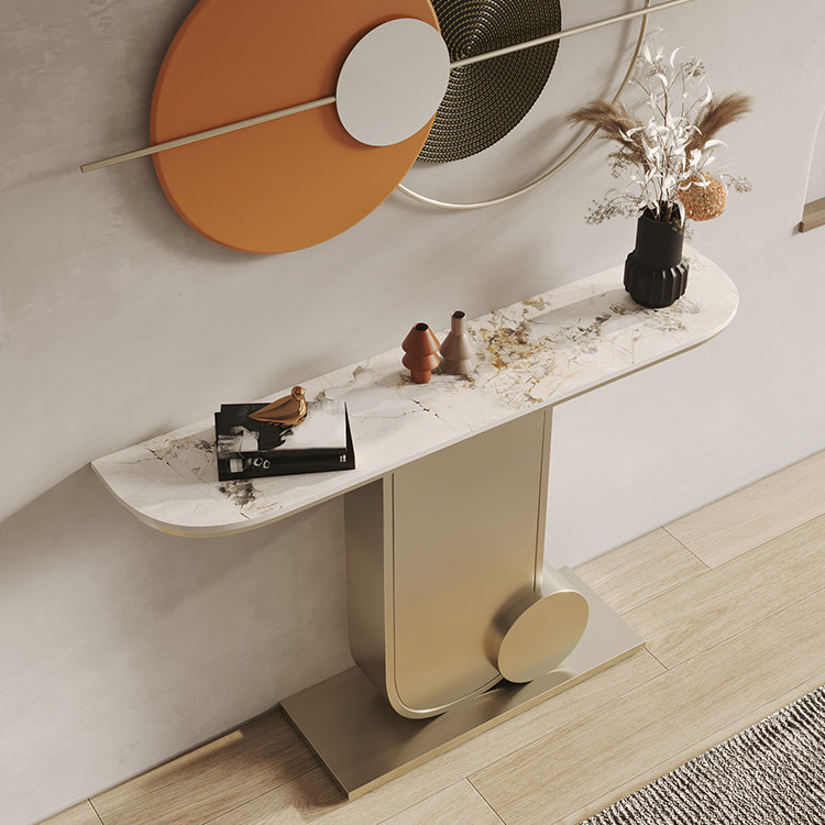 Glam Stone Accent Table Half Moon Metal Sofa Console Table for Hall