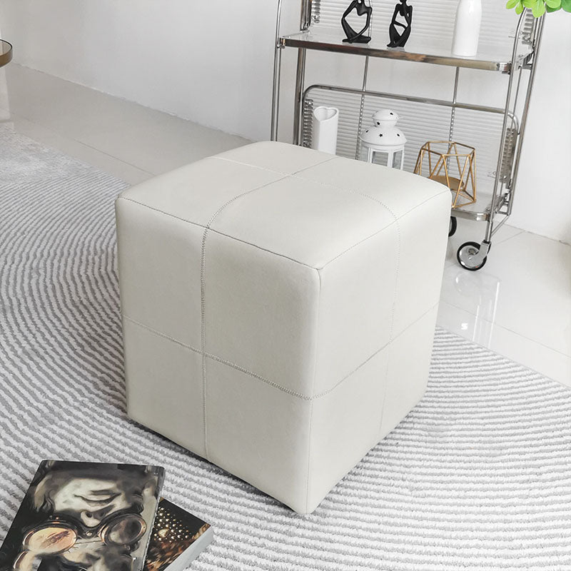 Luxury Pouf Ottoman Genuine Leather Upholstered Solid Color Square Ottoman 14.6"L x 14.6"W x 15.7"H Beige 1 Piece Clearhalo 'furn' 'furn_ottomans_poufs' 'Furniture' 'Living Room Furniture' 'Ottomans & Poufs' 'ottomans_poufs' 7041572