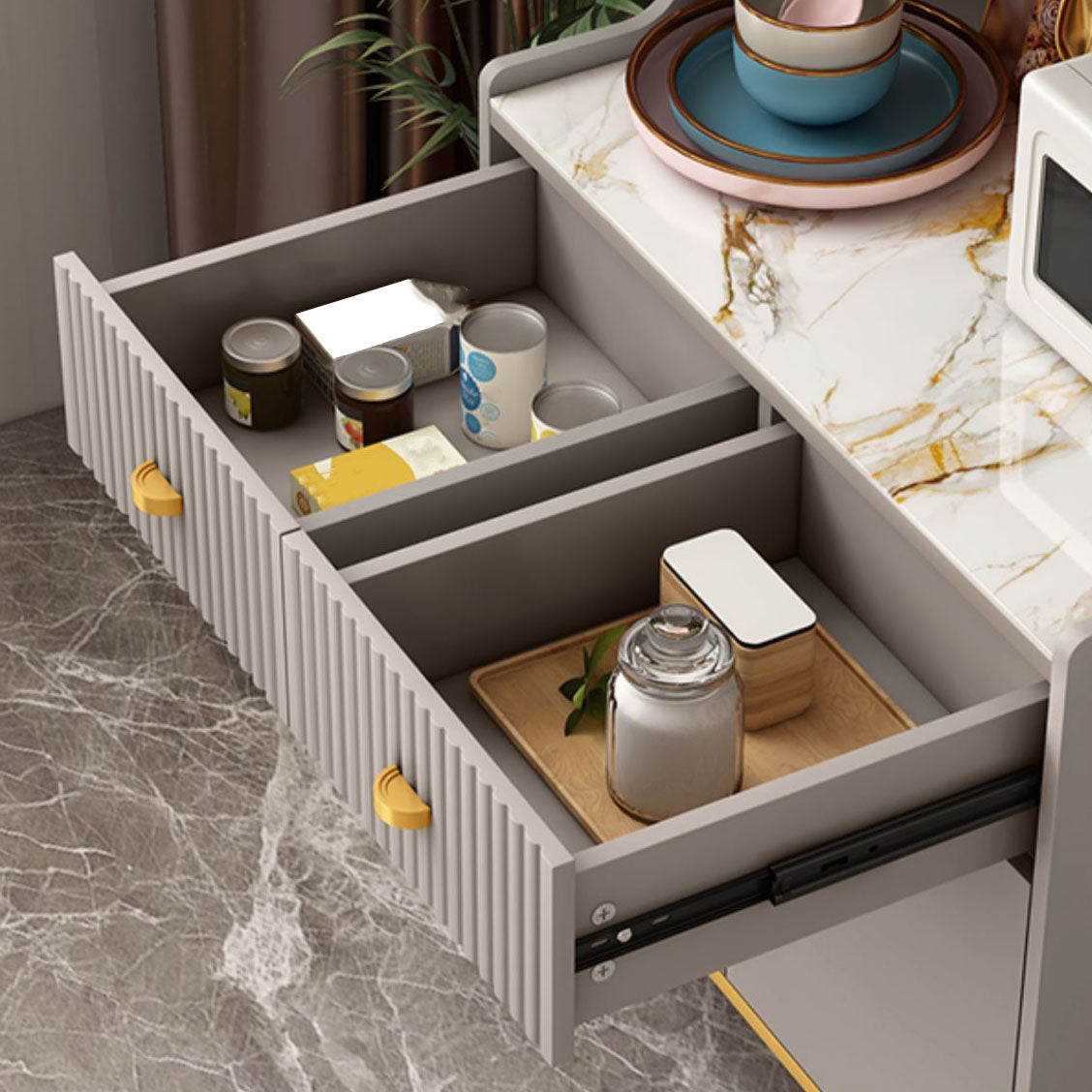 Ultra moderne Faux Wood Dining Dining Hutch Glass Doors Cabinet de rangement pour salle à manger