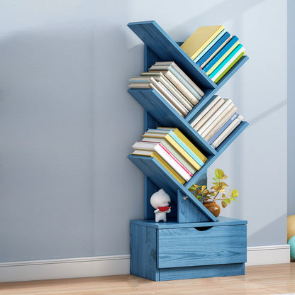 Modern Open Back Standard Bookshelf Engineered Wood Bookcase with Drawers for Study Room 13.4"L x 7.9"W x 37.8"H Blue Clearhalo 'Bookcases' 'furn' 'furn_bookcases' 'Furniture' 'Office Furniture' 7047860