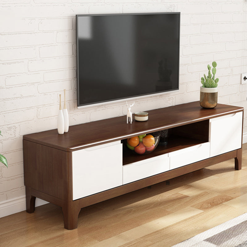 Rubberhouten mediaconsole Eigentijdse tv-console met 2 laden en uitlopende houten poten