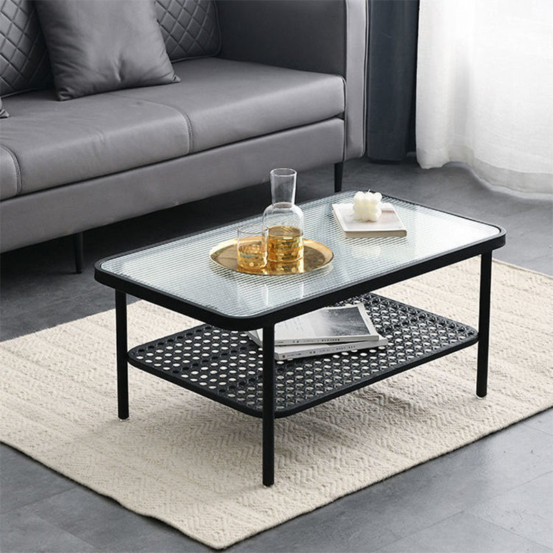 Salontafel met 4 poten, eigentijdse koffiecocktailtafel met glazen blad en plank
