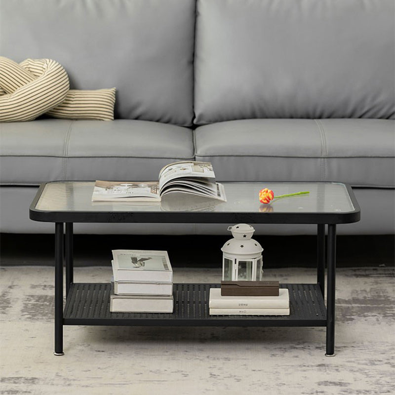 Salontafel met 4 poten, eigentijdse koffiecocktailtafel met glazen blad en plank