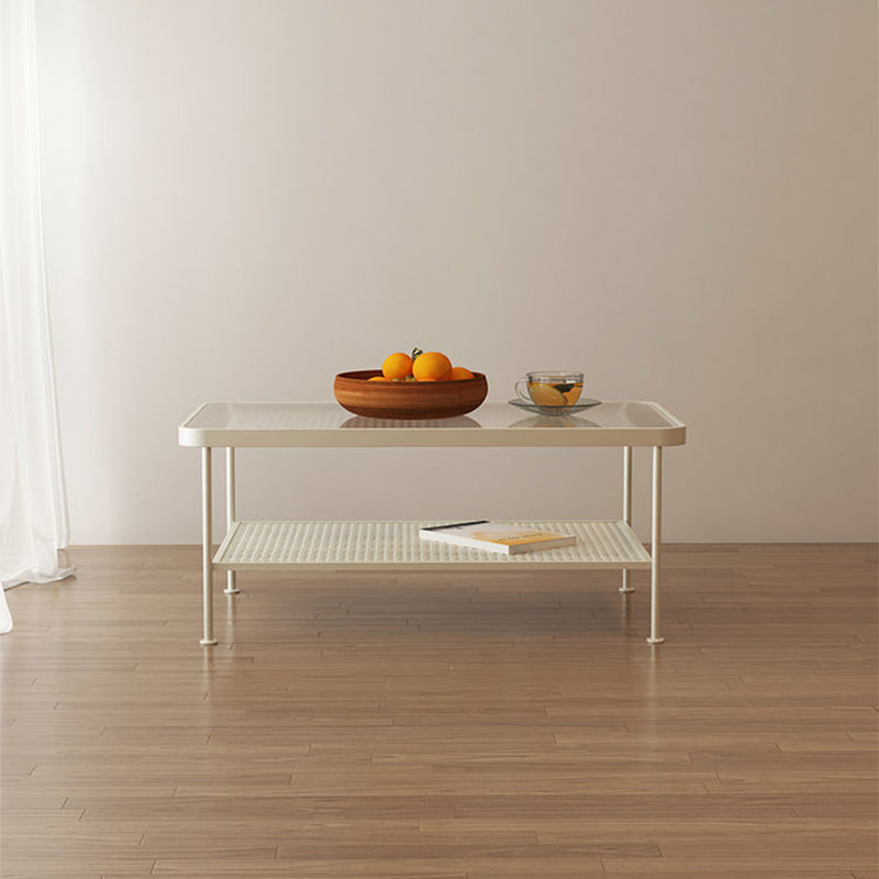 Salontafel met 4 poten, eigentijdse koffiecocktailtafel met glazen blad en plank