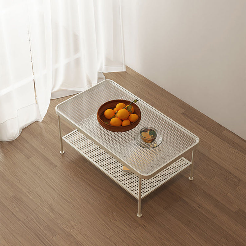 Salontafel met 4 poten, eigentijdse koffiecocktailtafel met glazen blad en plank