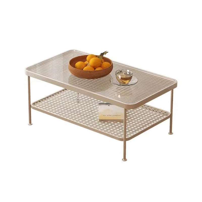 Salontafel met 4 poten, eigentijdse koffiecocktailtafel met glazen blad en plank