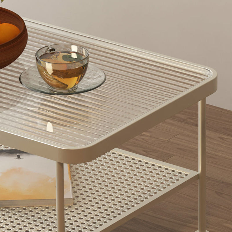 Salontafel met 4 poten, eigentijdse koffiecocktailtafel met glazen blad en plank