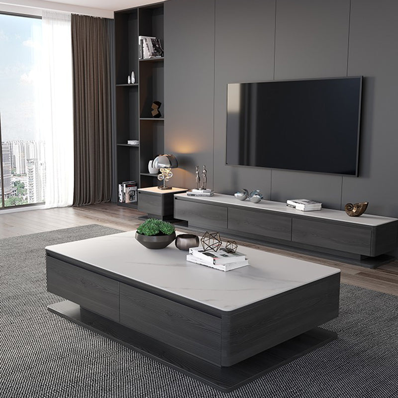 Tavolino da caffè rettangolare di pietra rettangolare contemporanea 16,9 "tavolo da cocktail a blocco H con 4 cassetti