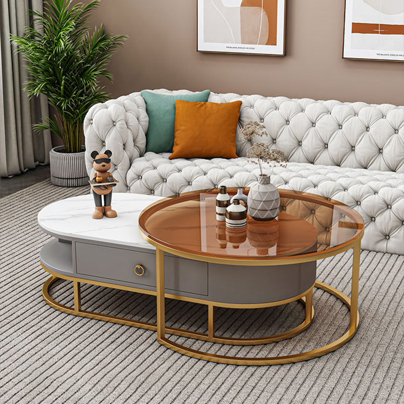 Oval Glass & Slate Coffee Table Set Frame Cocktail Table with Drawers Clearhalo 'Coffee & Accent Tables' 'Coffee Tables' 'coffee_tables' 'furn' 'furn_coffee_tables' 'Furniture' 'Living Room Furniture' 7057706