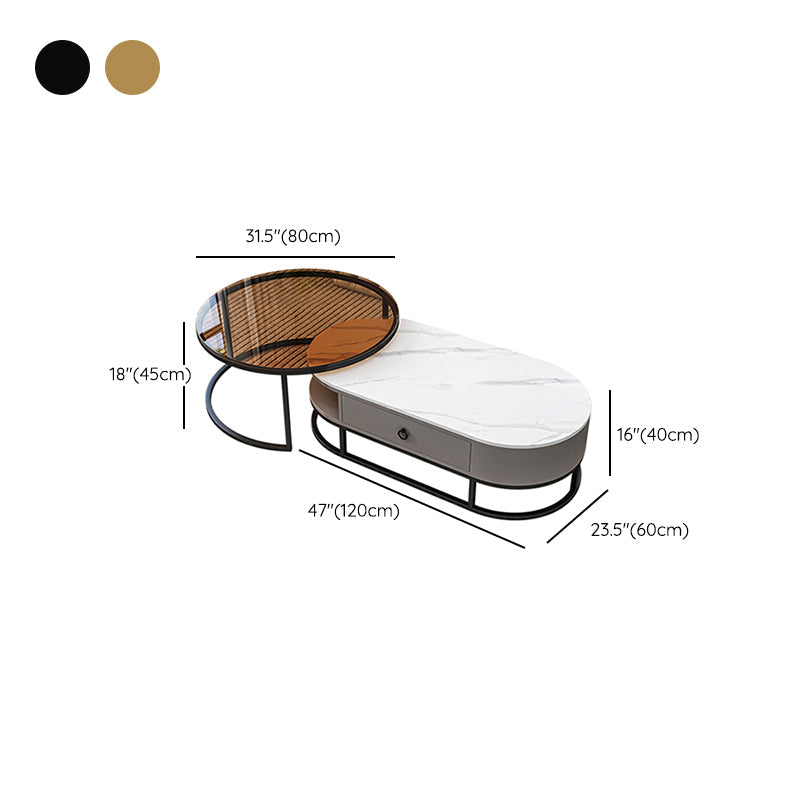 Oval Glass & Slate Coffee Table Set Frame Cocktail Table with Drawers Clearhalo 'Coffee & Accent Tables' 'Coffee Tables' 'coffee_tables' 'furn' 'furn_coffee_tables' 'Furniture' 'Living Room Furniture' 7057710