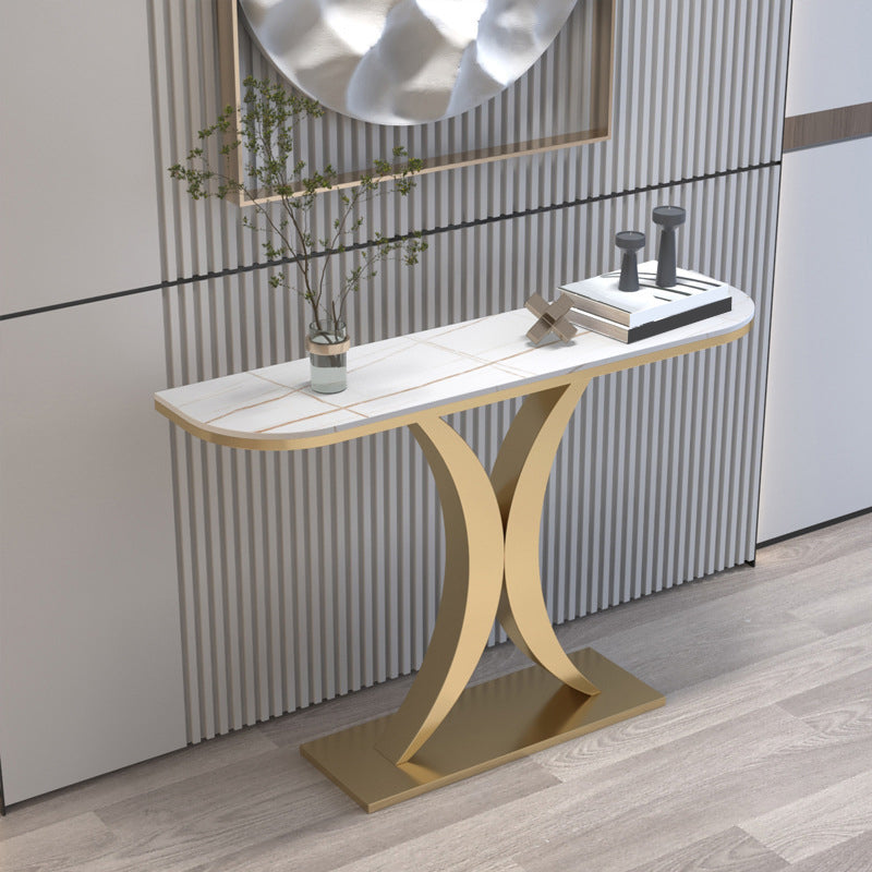 12 inch Wide Glam Accent Table Half Moon Shape Metal Console Table for Hall 59"L x 12"W x 31"H Gold White Clearhalo 'Console Tables' 'console_tables' 'Entry & Mudroom Furniture' 'furn' 'furn_console_tables' 'Furniture' 7065852
