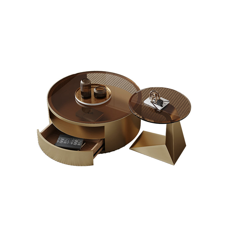 Contemporary Round Glass Coffee Table Set 1-Drawer 2 Piece Bunching Tables Gold Clearhalo 'Coffee & Accent Tables' 'Coffee Tables' 'coffee_tables' 'furn' 'furn_coffee_tables' 'Furniture' 'Living Room Furniture' 7070195