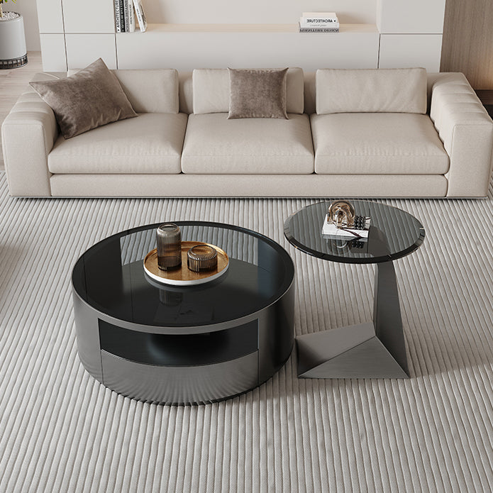 Contemporary Round Glass Coffee Table Set 1-Drawer 2 Piece Bunching Tables Clearhalo 'Coffee & Accent Tables' 'Coffee Tables' 'coffee_tables' 'furn' 'furn_coffee_tables' 'Furniture' 'Living Room Furniture' 7070208