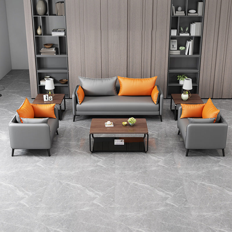 Contemporary Sofa Faux Leather Square Arm Sofa with Pillows for Apartment Clearhalo 'furn' 'furn_sofas' 'Furniture' 'Living Room Furniture' 'Sofa' 'sofas' 7070460