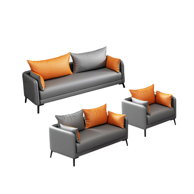 Contemporary Sofa Faux Leather Square Arm Sofa with Pillows for Apartment 1-Seater Sofa & 2-Seater Sofa & 3-Seater Sofa Faux Leather Sponge Clearhalo 'furn' 'furn_sofas' 'Furniture' 'Living Room Furniture' 'Sofa' 'sofas' 7070472