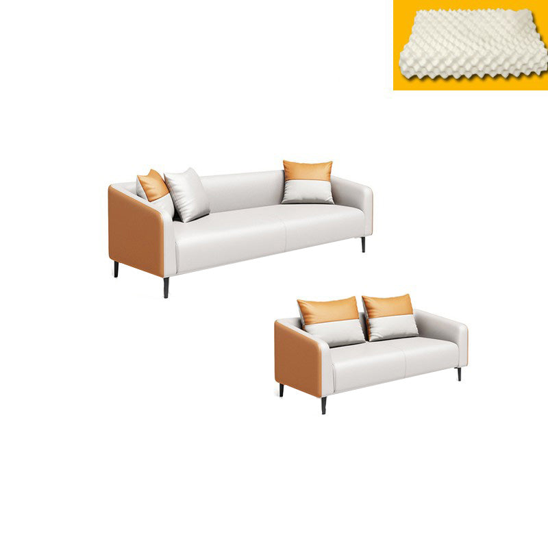 現代オレンジソファフェイクレザータキシードアームソファとアパート用の枕