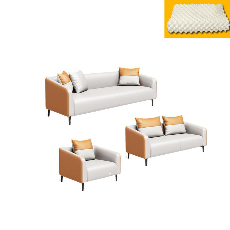 現代オレンジソファフェイクレザータキシードアームソファとアパート用の枕