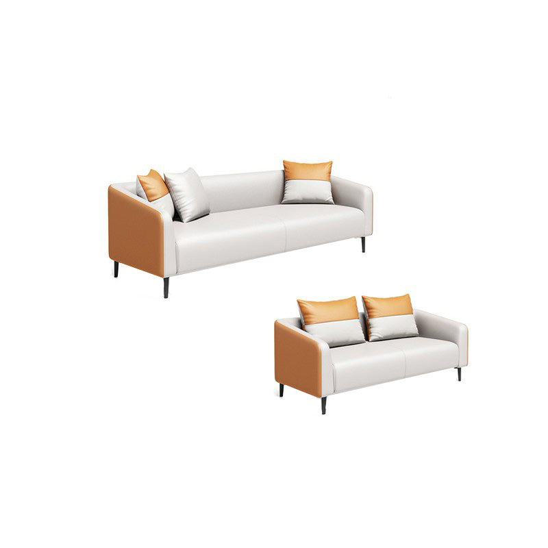 現代オレンジソファフェイクレザータキシードアームソファとアパート用の枕