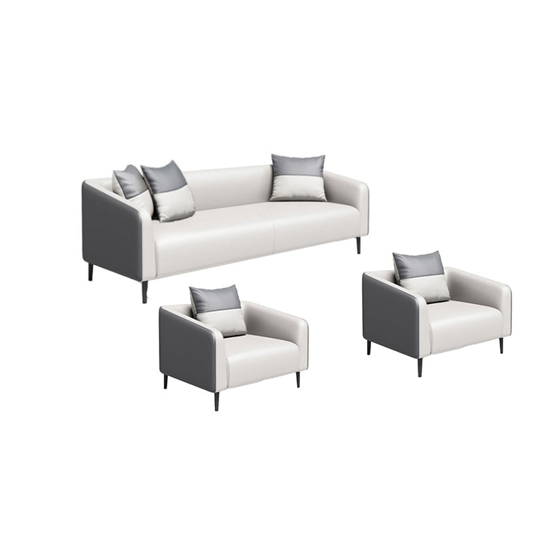 グレーコンテンポラリーソファフェイクレザータキシードアームソファ枕と