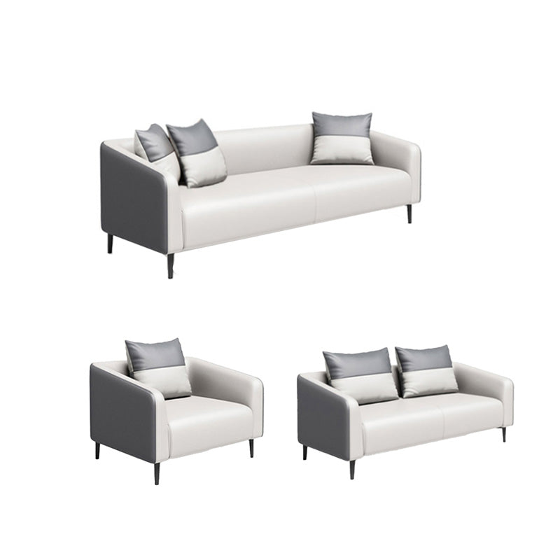 グレーコンテンポラリーソファフェイクレザータキシードアームソファ枕と