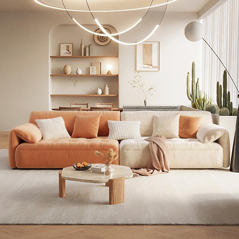 Sofá seccional con brazo superior tipo almohada en madera maciza con respaldo acolchado
