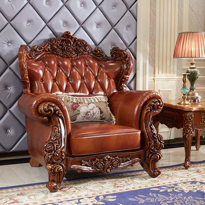 本革ソファ茶色の房状のスプリットバックロールアームソファリビングルーム用