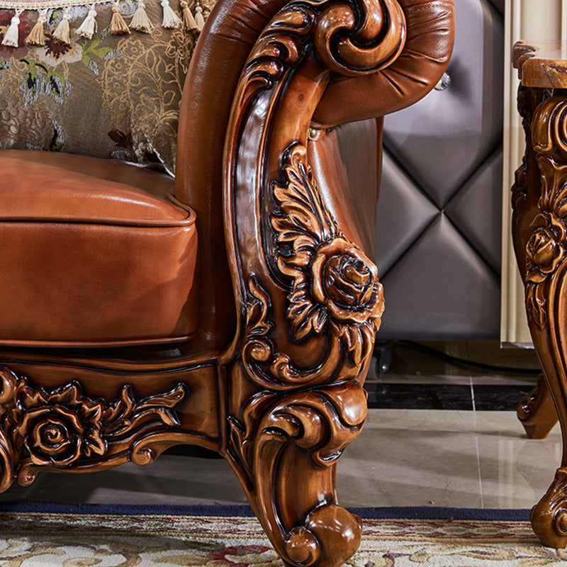 本革ソファ茶色の房状のスプリットバックロールアームソファリビングルーム用