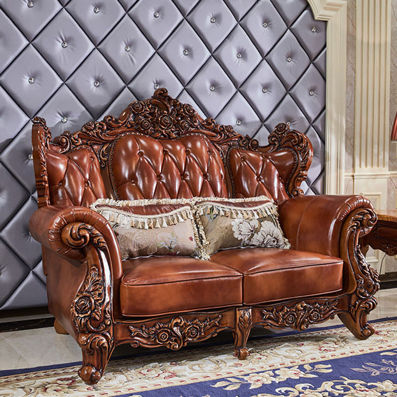 本革ソファ茶色の房状のスプリットバックロールアームソファリビングルーム用