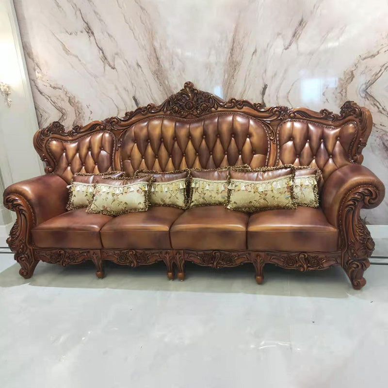 本革ソファ茶色の房状のスプリットバックロールアームソファリビングルーム用