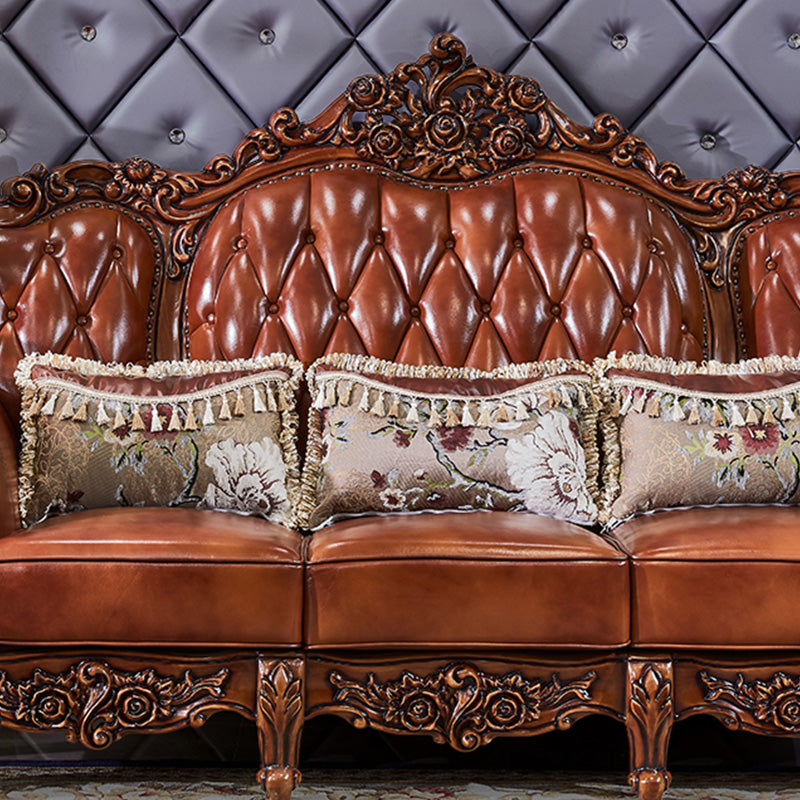 本革ソファ茶色の房状のスプリットバックロールアームソファリビングルーム用